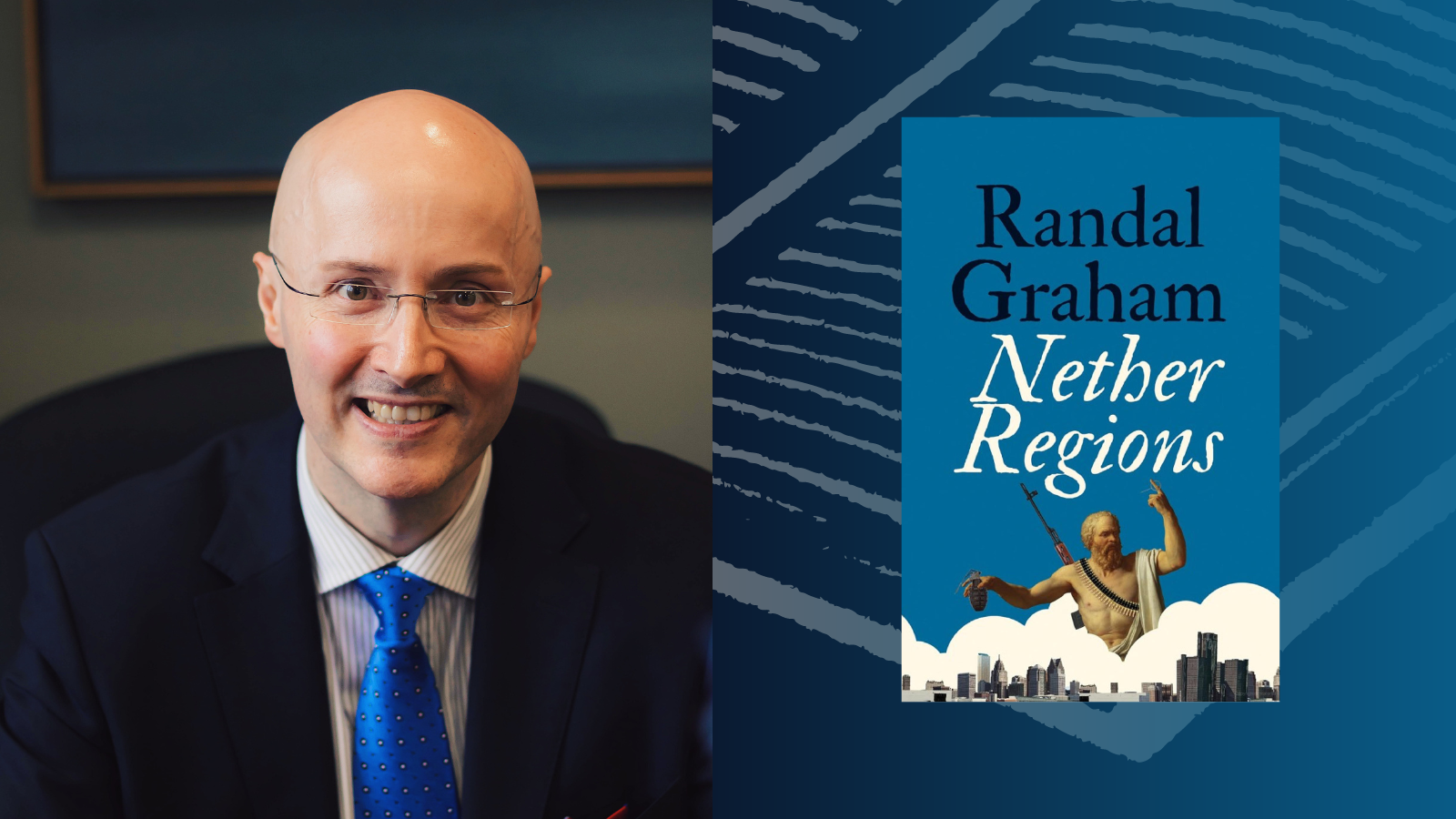 Prof. Randal Graham alongside a photo of the cover of his novel Nether Regions